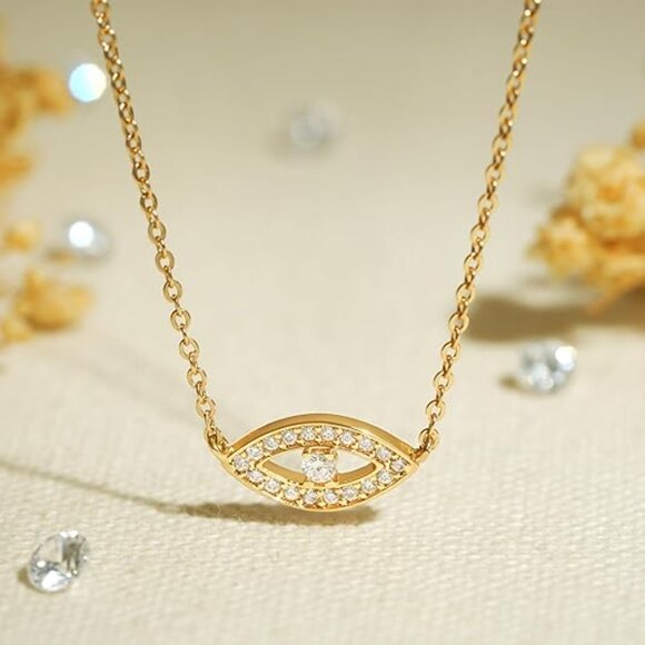 Neiman Marcus Illuminated 14K Gold Plated CZ 2-layer Evil Eye Necklace - Picture 4 of 4